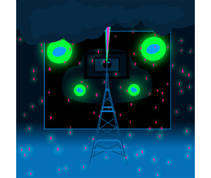 Image of neon lightning with car and camera.