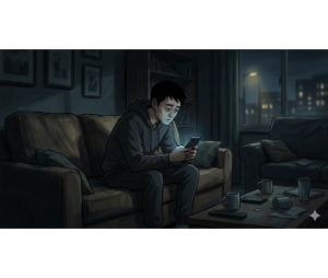 Animated image of an asian man sitting on a couch.